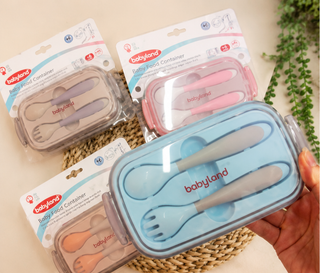 ظرف غذای بیبی لند Baby Land به همراه قاشق و چنگال | ظرف غذا دربدار ضد نشت BPA Free